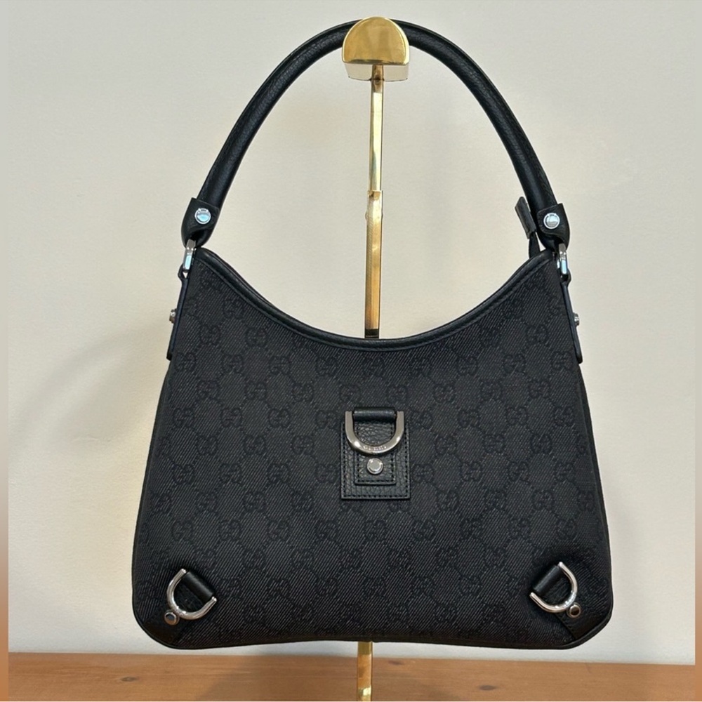 Gucci Abbey Shoulder Bag Black Denim GG Monogram in pristine condition